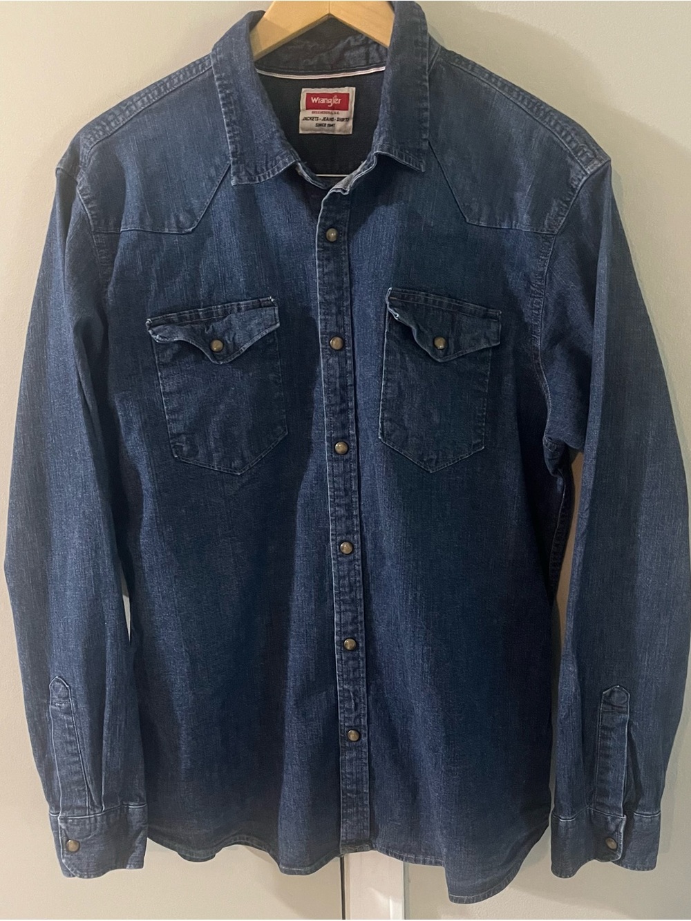 Wrangler Dark Blue Denim Western Button-Down Shirt, XL, Tiger Eye Snap Buttons